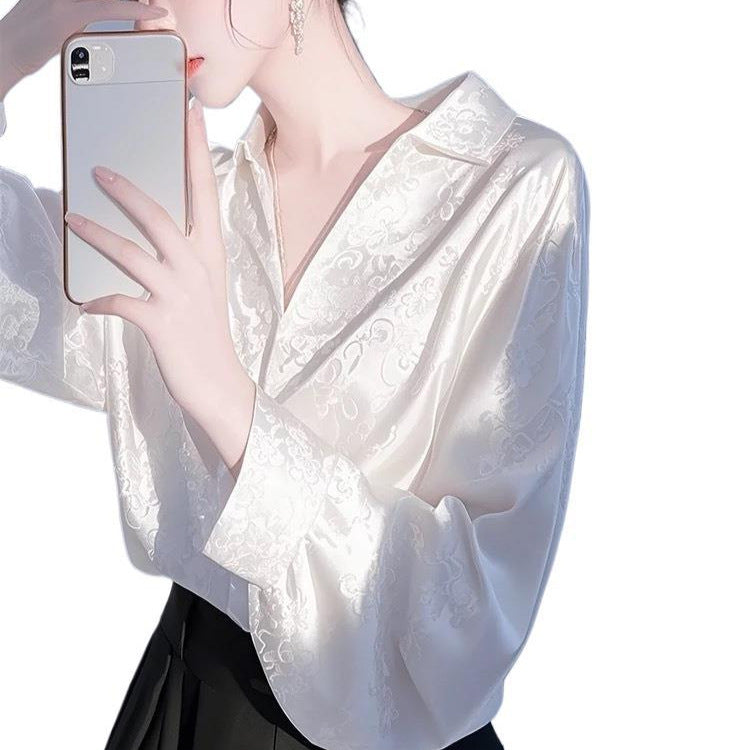 Women’s Purple Satin Jacquard Blouse - French Vintage Fall Long Sleeve Elegant Shirt