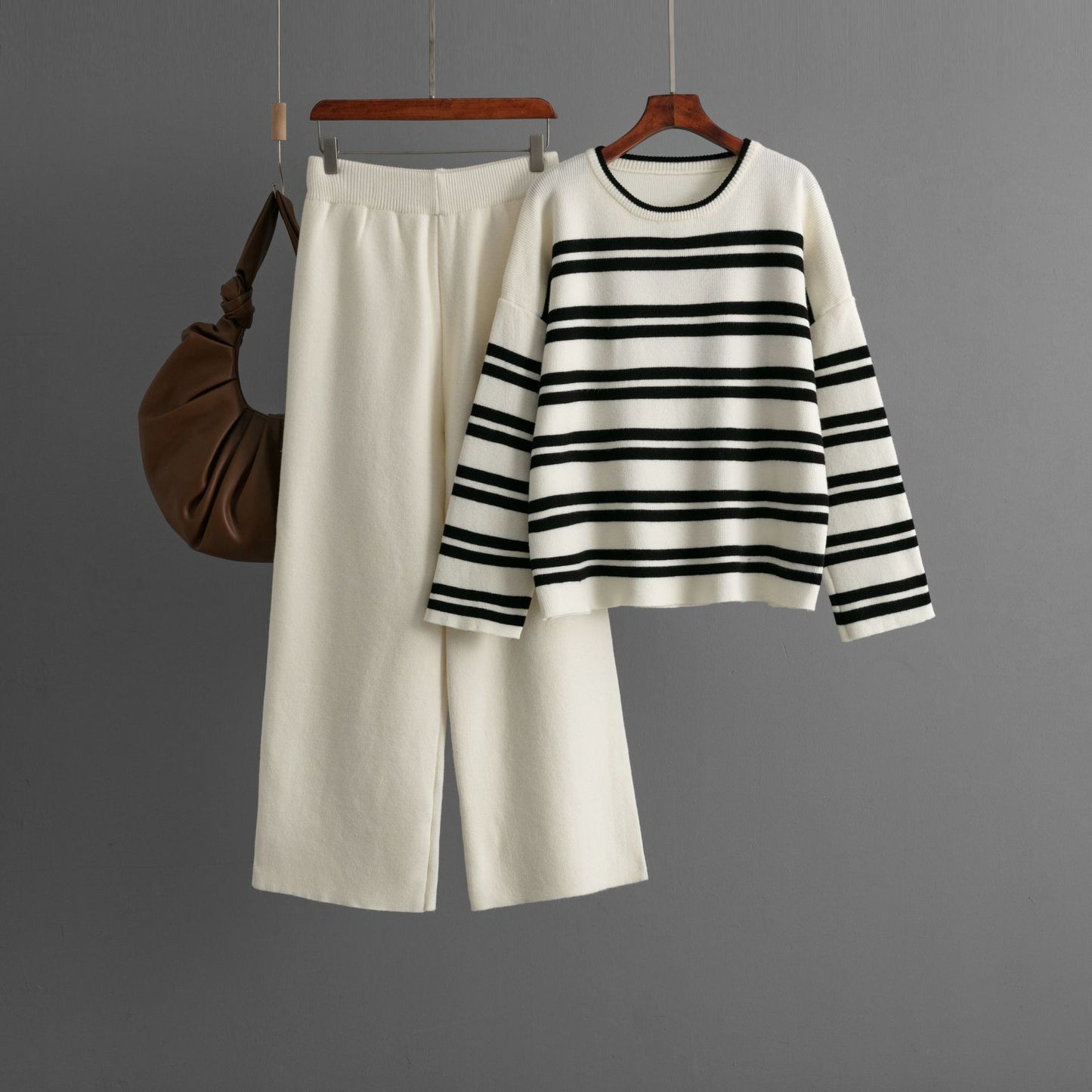 Striped Sweater Set Autumn and Winter 2024 New Loose Fashion Casual Wide-leg Pants Knitted Two-piece Set