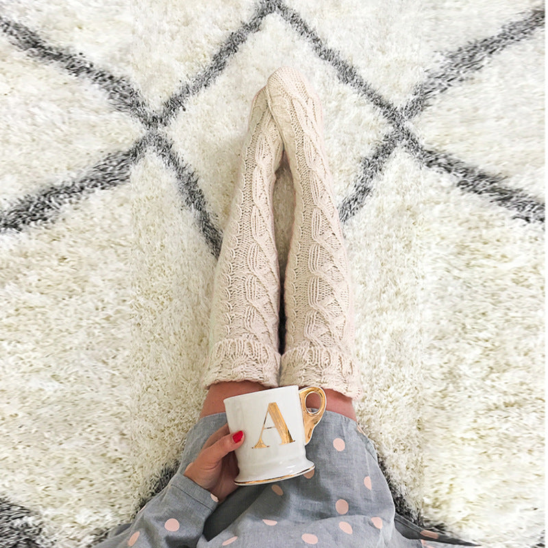 Quality Fashion Twist Flanged Knitted Long Tube Over Knee Stacking Socks Women, Solid Color Medium Long Tube Wool