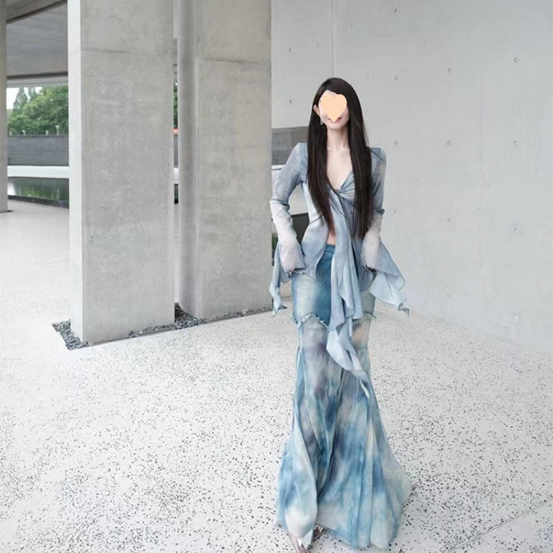 Summer New Retro Top Women's Pure Desire Blue Gradual Change Tie-dye Ruffle Leaf Edge Streamer Horn Sleeve Shirt