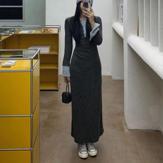 Wear A Contrasting Color Splicing Long-sleeved Dress Women's Clothing Waist Slim-fitting Knitted Hip Skirt