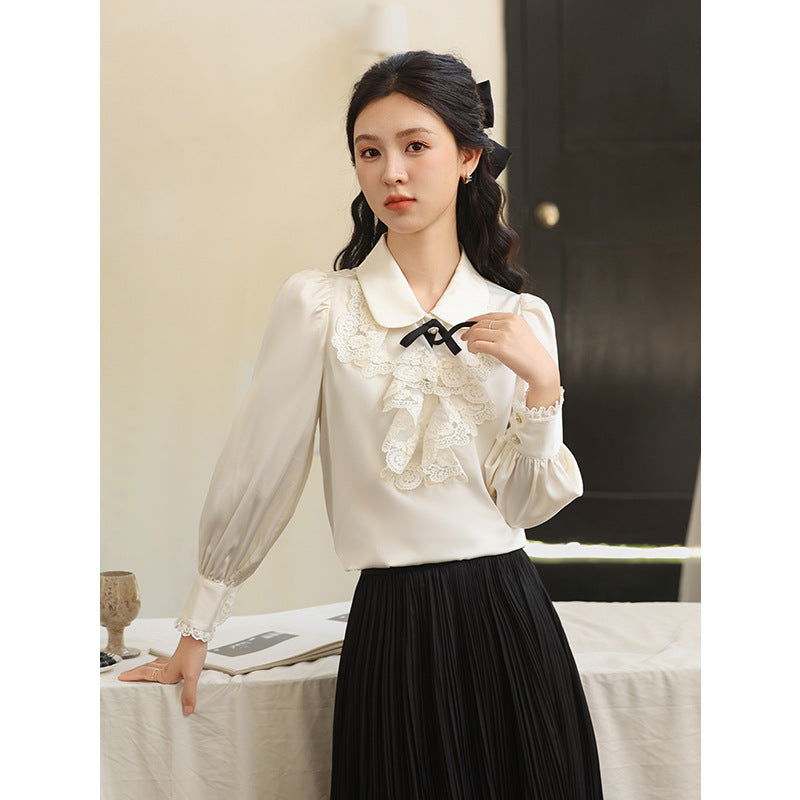 Spring New French Rich Girl Lace Embroidered Bow Doll Collar Satin Long Sleeve Shirt Women