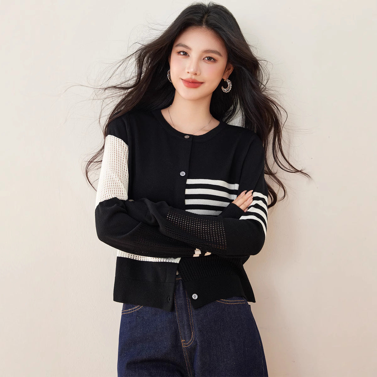 Spring New Korean Lazy Niche Irregular Hollow Texture Striped Crew Neck Cardigan Knitted Top Women