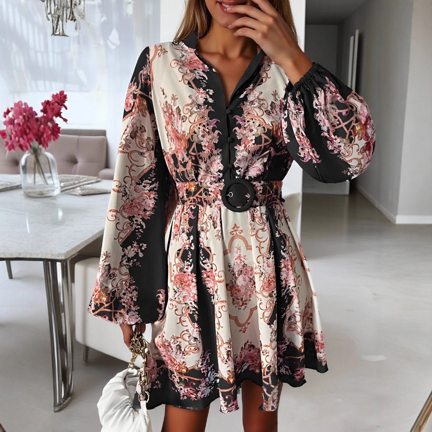 Spring Floral Midi Dress: Vintage Belted Fit, Puffed Sleeves & Mock Neck