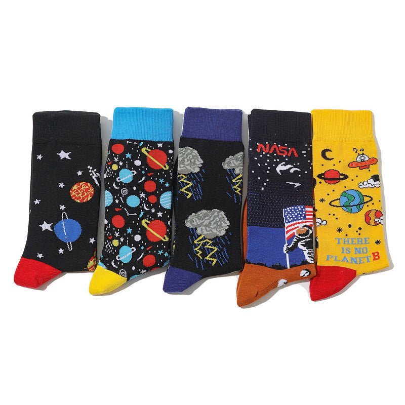 Men's Cartoon Personality Men's Socks Starry Sky Animation Design Cotton Tube Art Actress Sock-5PRS