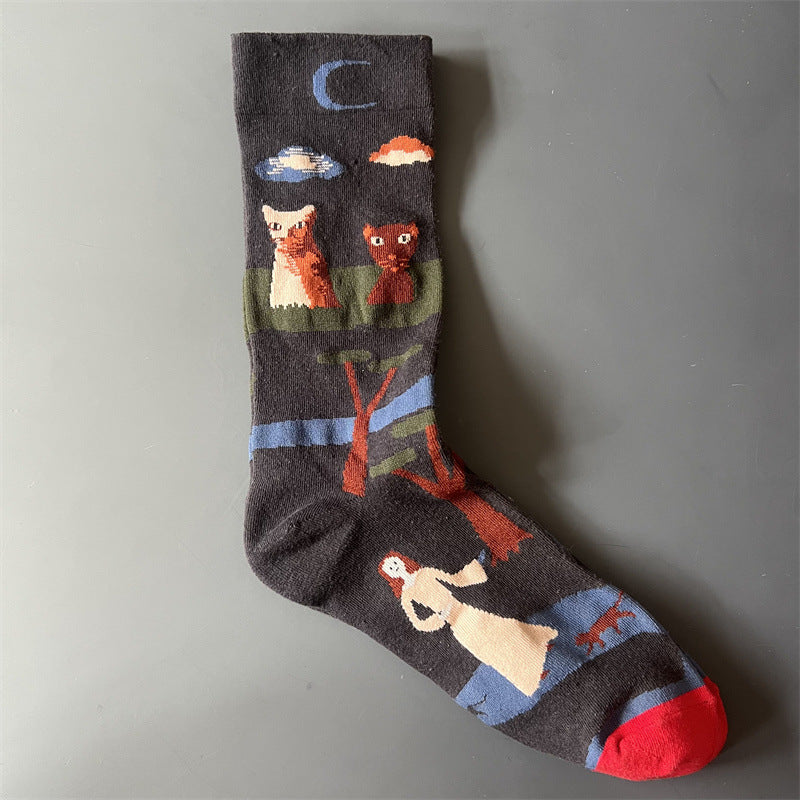 New Product Mid Calf Socks Women Oil Painting Socks Niche Fun Literary and Artistic Color Socks