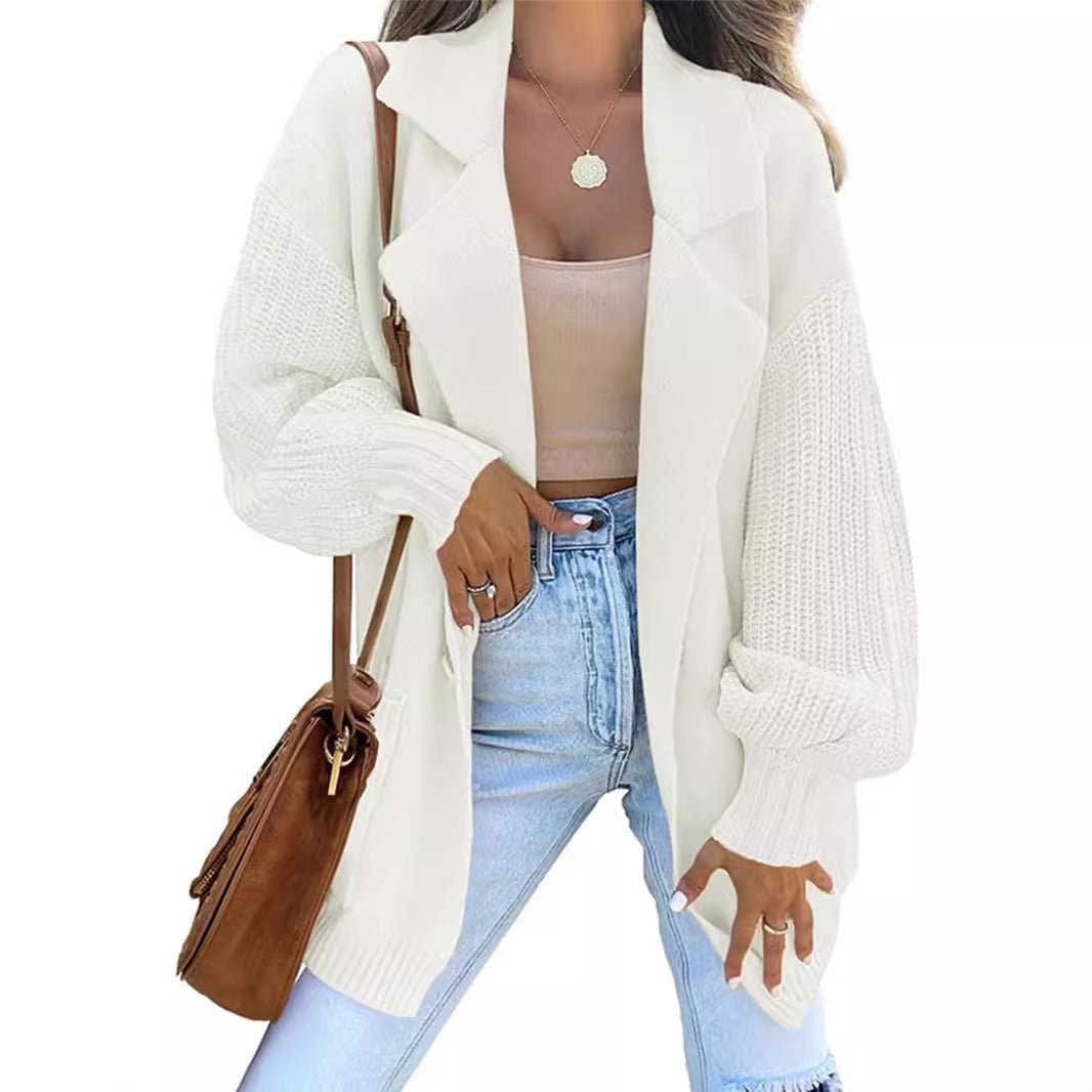 New Sweater Cardigan Solid Color Suit Collar Long Sleeve Knitted Jacket Winter Fashion Sweater