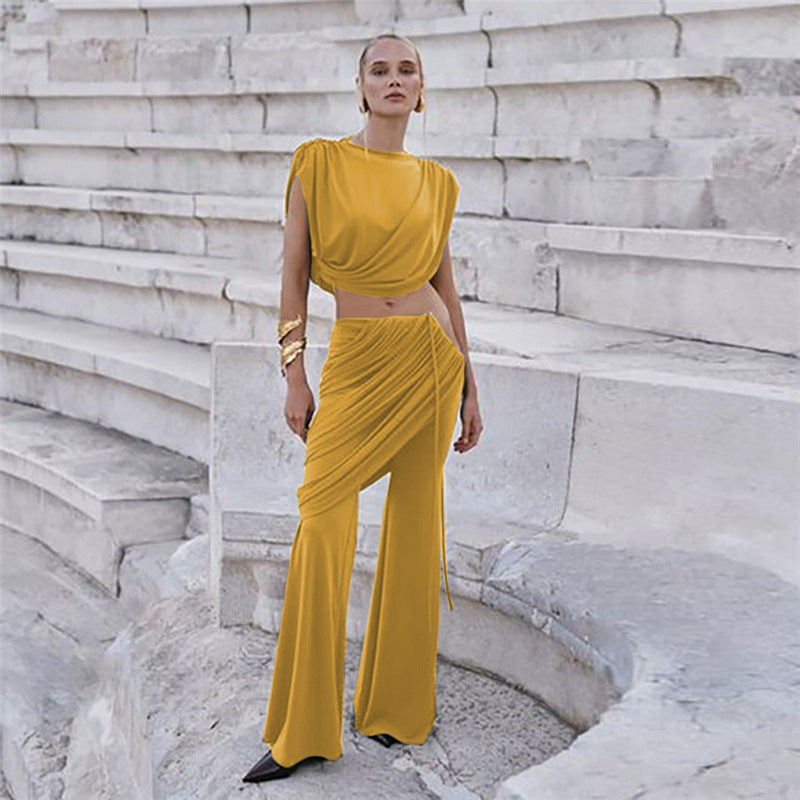 Trendy Women’s Pleated Round-Neck Tee & Asymmetric High-Waisted Trousers Set - Fall Winter Essentials