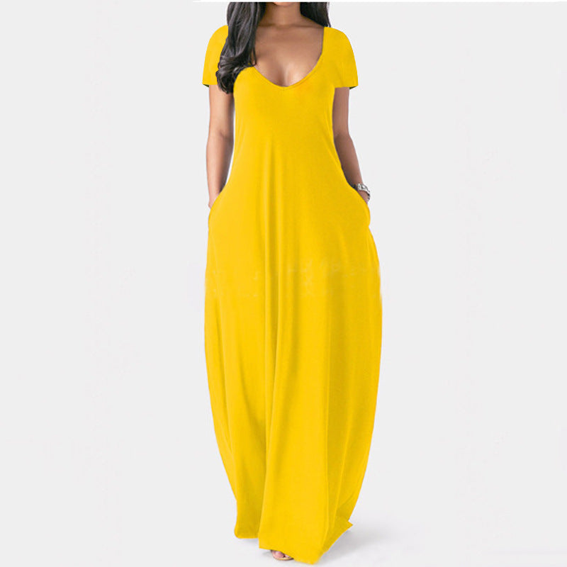Summer Trending Plus Size Solid Color Maxi Dress - Sexy Deep V-Neck Short Sleeve