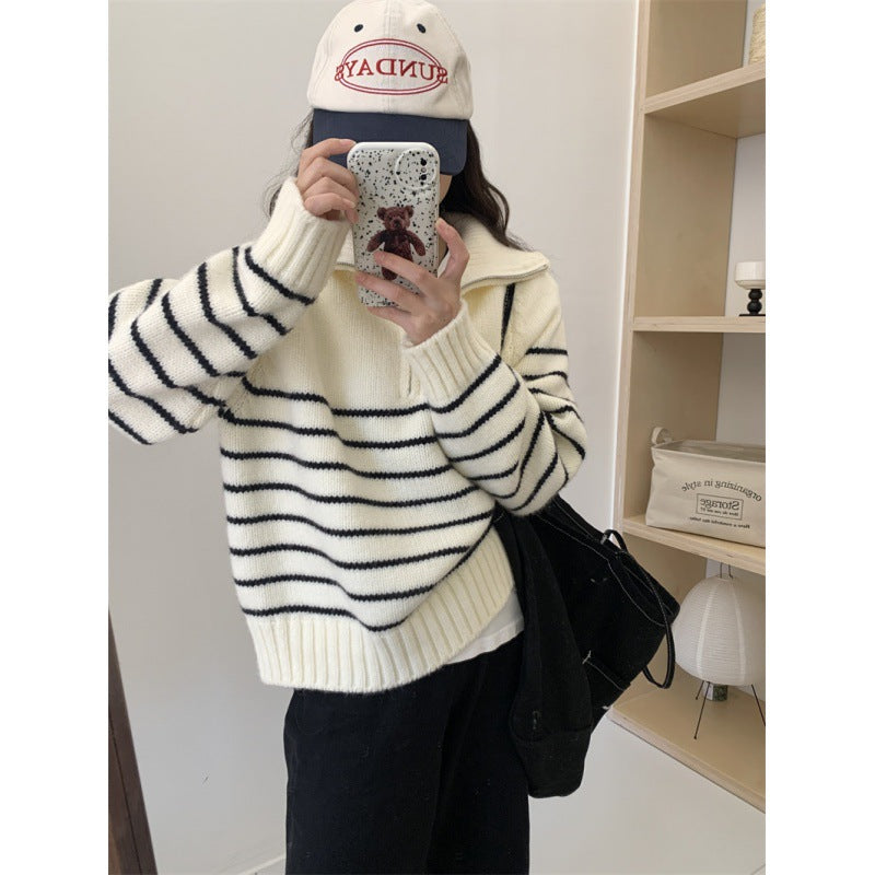 Striped Half-zipper Pullover Sweater Women's Autumn and Winter New Loose Lazy Wind Thick Knitted Sweater