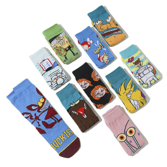 Male Parasite Cartoon Tide Socks Women's Medium Tube Men's Sponge Socks Long Tube Cotton Animation Socks-5PRS
