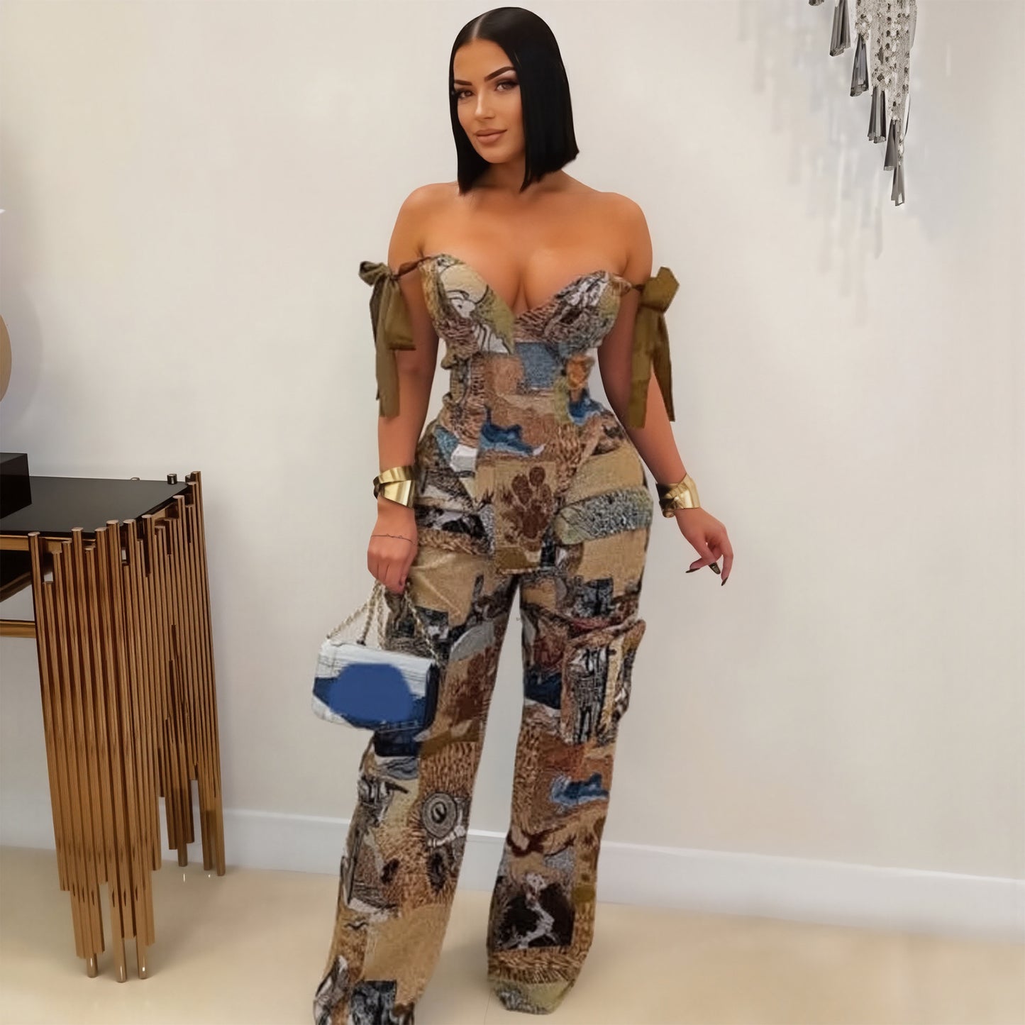Stylish Oil-Print Cargo Pants - Drawstring Waist, Multi-Pocket Utility Set | Trendy Artistic Design