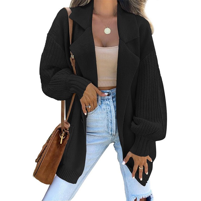 New Sweater Cardigan Solid Color Suit Collar Long Sleeve Knitted Jacket Winter Fashion Sweater