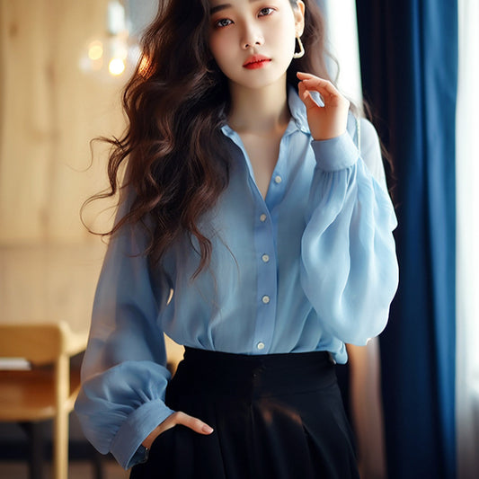 Healing Blue Crinkle Chiffon Top: Spring Airy Lantern Sleeve Blouse for Women - Work to Garden Minimalist Style