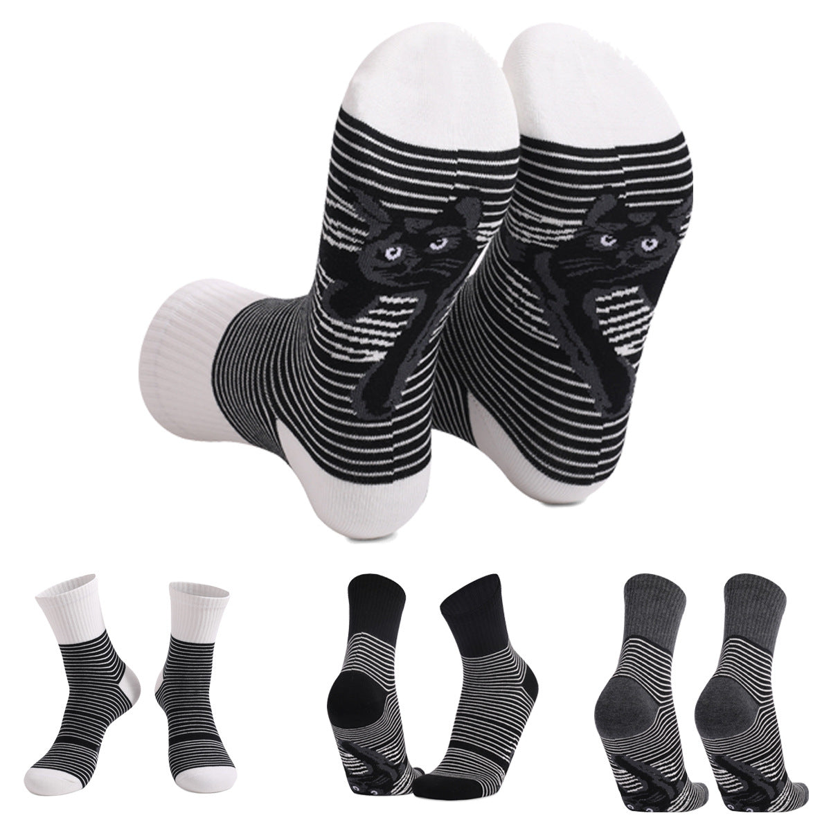 Men's Socks New Black and White Striped Animal Cat Print Plus Size Men's and Women's Medium Tube Socks