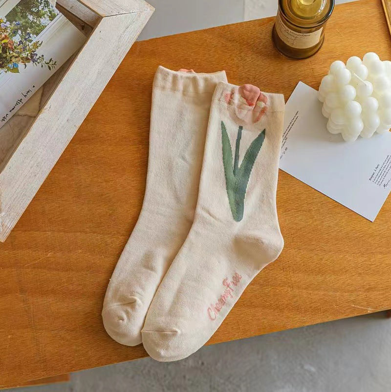 Socks Women's Autumn and Winter Long Socks Mori Tulips Versatile Women's Stacking Socks Flower Series Spring and Summer Long Tube