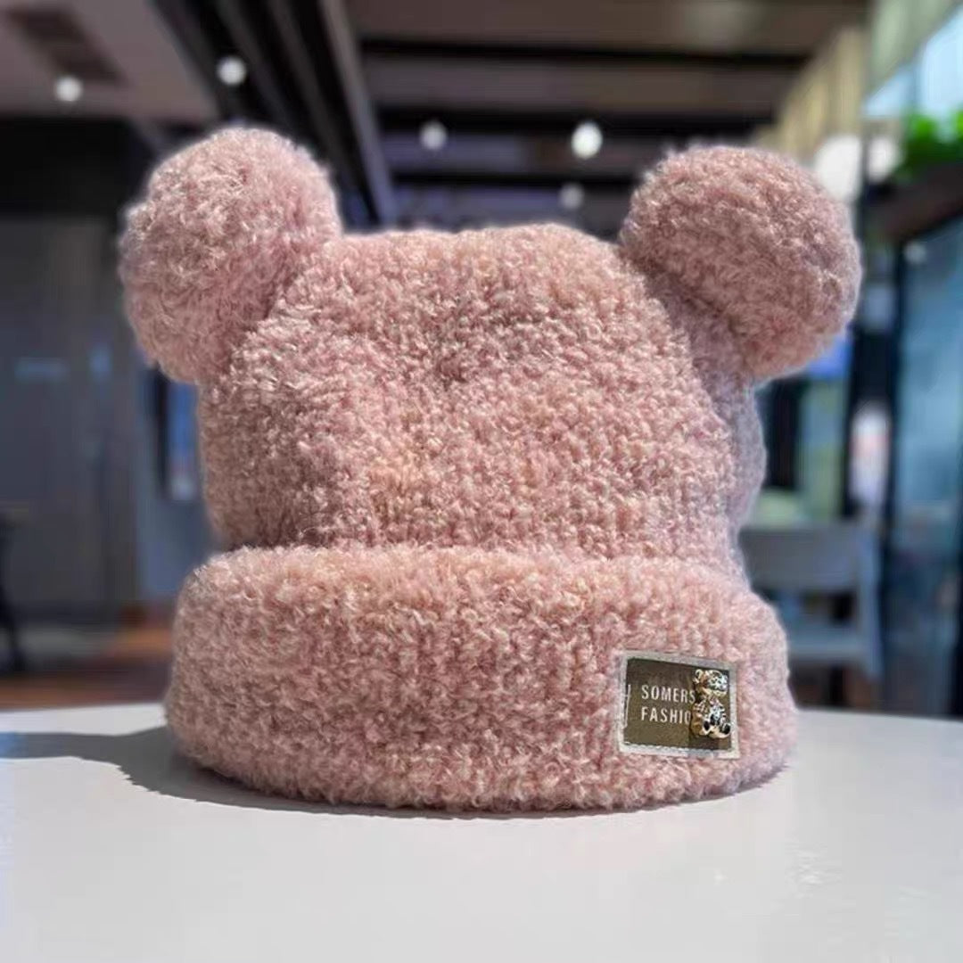 Cute bear wool hat female winter 2024 popular plush warm fluffy autumn and winter big head circumference knitted hat