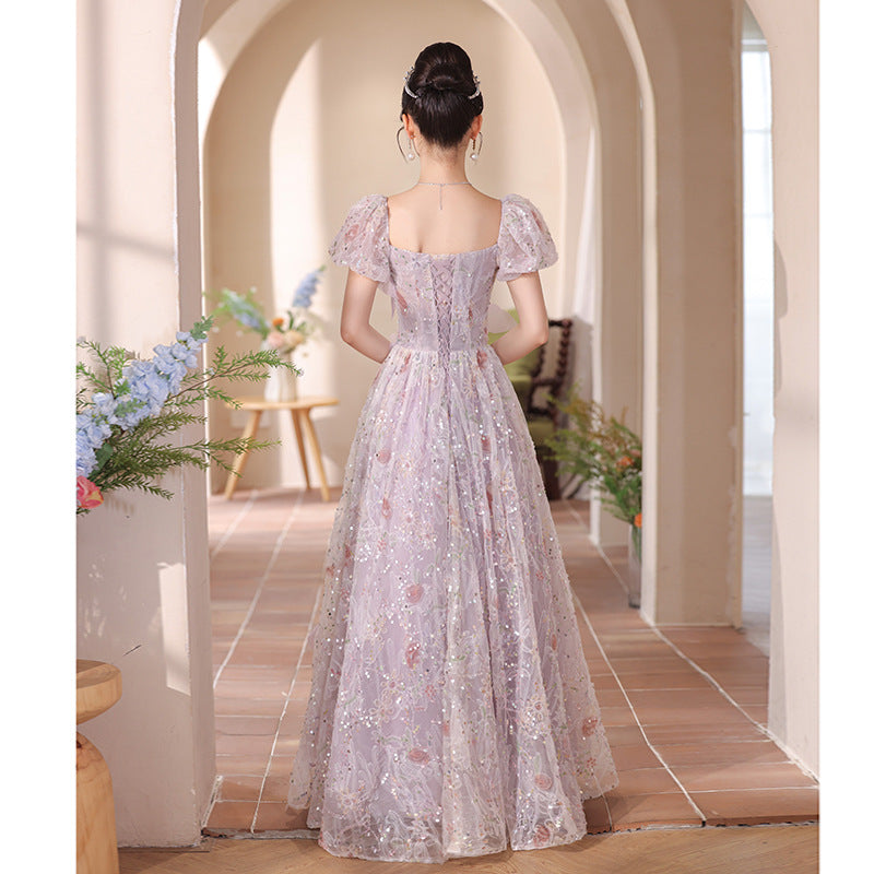Lilac Tulle Evening Gown - Fairy Princess Dress with Puff Sleeves for Banquet & Stage Events