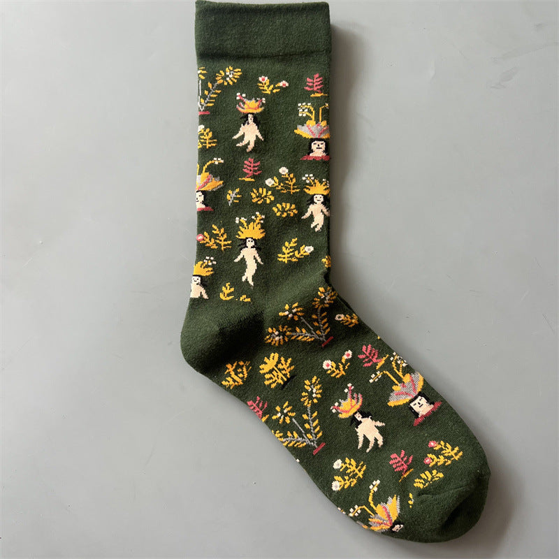 New Product Mid Calf Socks Women Oil Painting Socks Niche Fun Literary and Artistic Color Socks