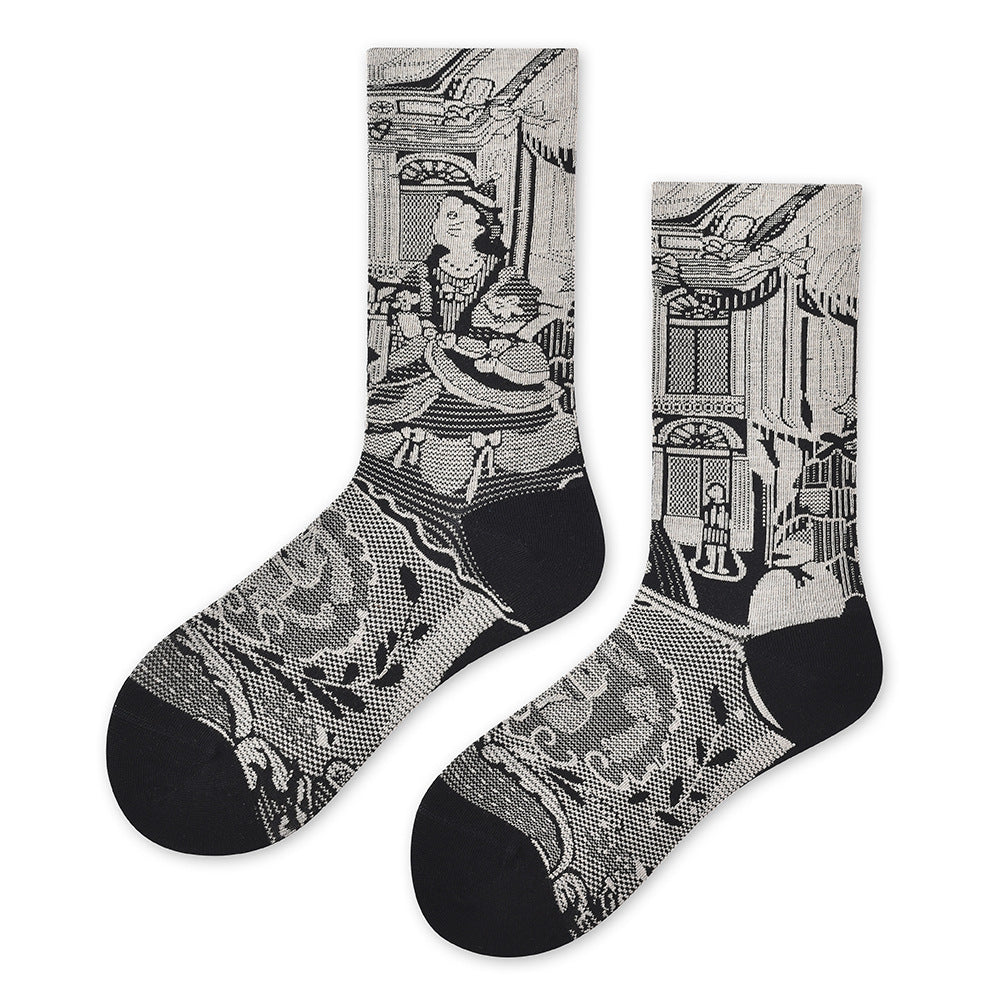 Spring and summer new art students, designer art tube socks children's trendy socks versatile black and white color scheme women