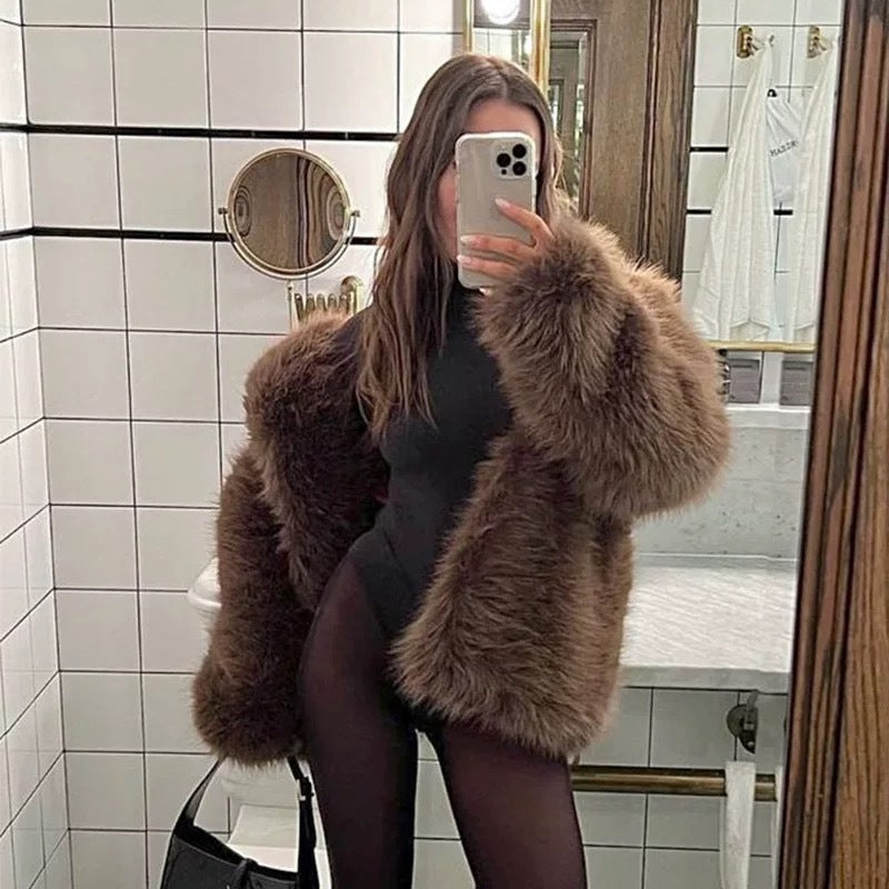 Teddy Luxe Faux Fur Coat Notch Lapel Long Sleeve Winter Warm Women’s