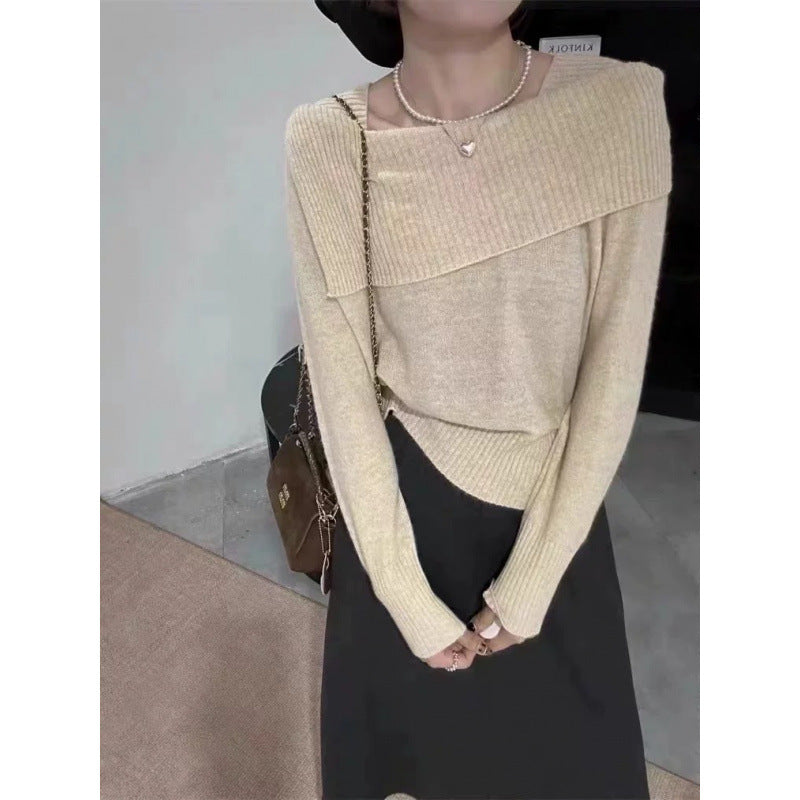 Irregular One-word Shoulder Knitted Bottoming Shirt for Women's Autumn and Winter Inner Sweater Long-sleeved Top for Women