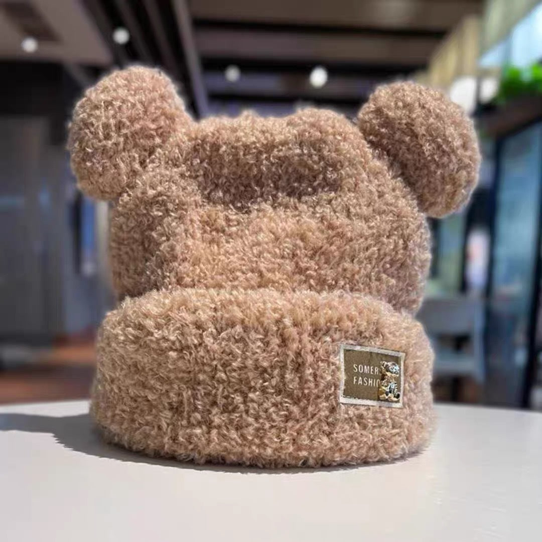 Cute bear wool hat female winter 2024 popular plush warm fluffy autumn and winter big head circumference knitted hat