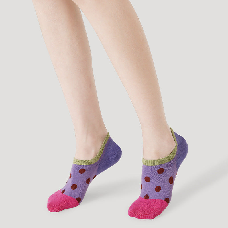 Women’s Vintage Polka Dot Boat Socks | Japanese Kawaii Contrast | Non-Slip Lightweight Summer Ankle Socks-5Prs