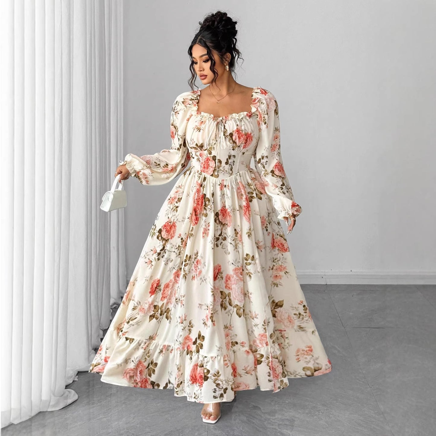 Dark Academia Floral Dress: Square Neck, Bubble Sleeves, High Slit | Vintage Elegance