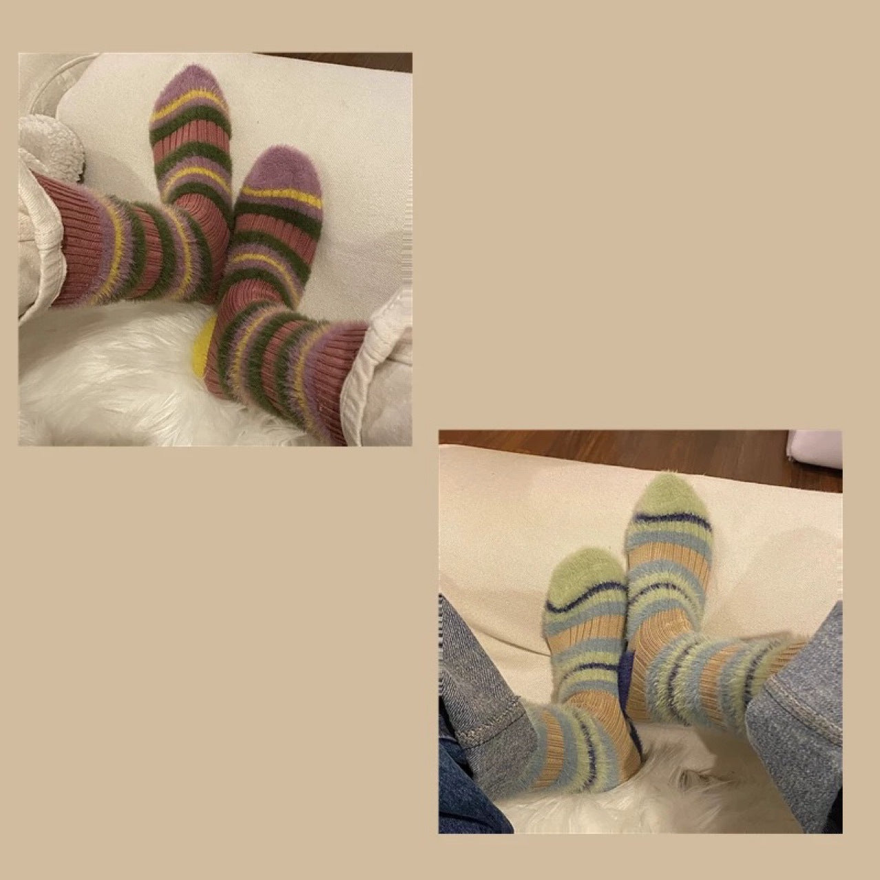 5PRS-Thick Stripes Color Matching Contrasting Imitation Mink Fluffy Socks Sweet Warm Women's Mid-tube Socks