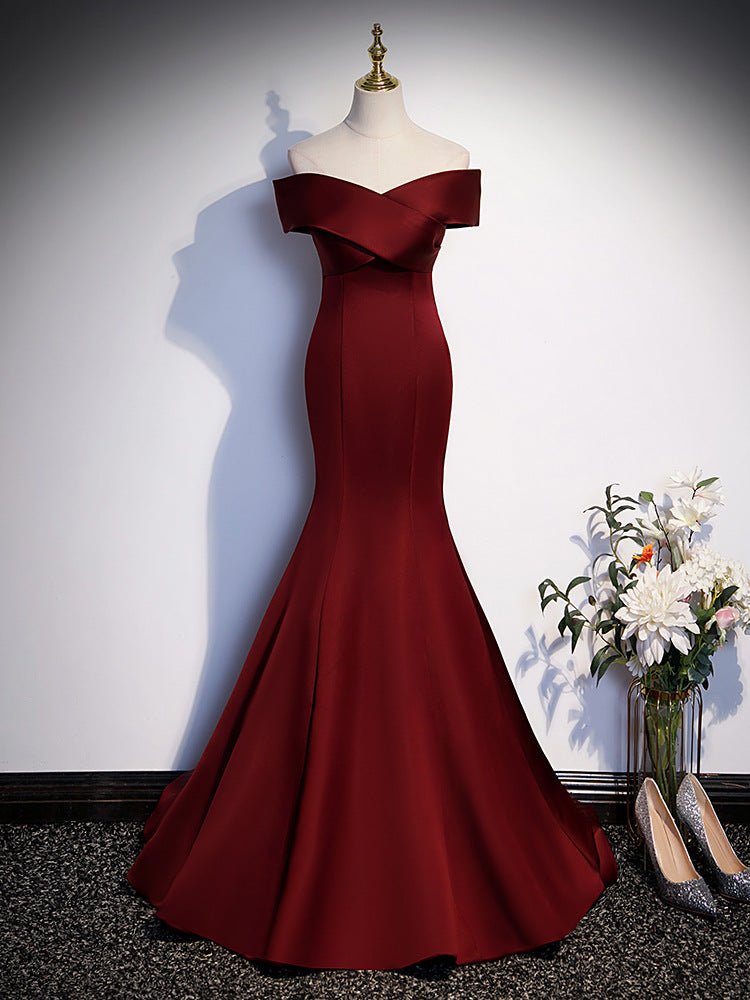 Toast Clothes Burgundy Fishtail 2024 New Vocal Art Test Evening Dress Women's Annual Meeting Host One-word Shoulder Light Wedding Dress