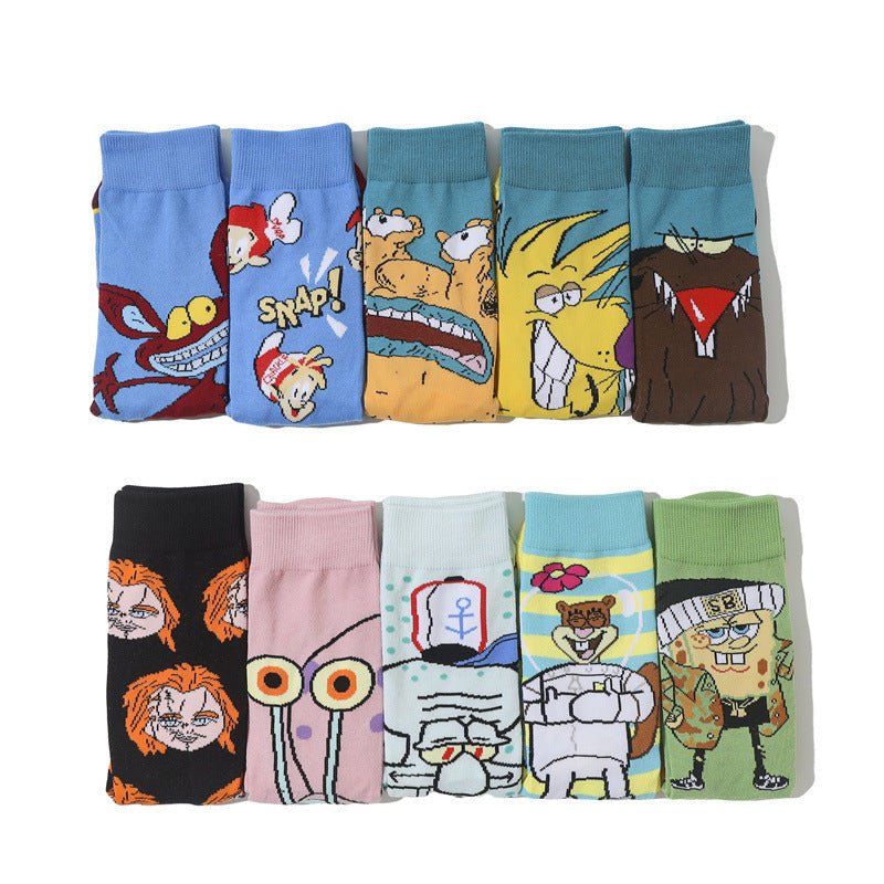 Male Parasite Cartoon Tide Socks Women's Medium Tube Men's Sponge Socks Long Tube Cotton Animation Socks-5PRS
