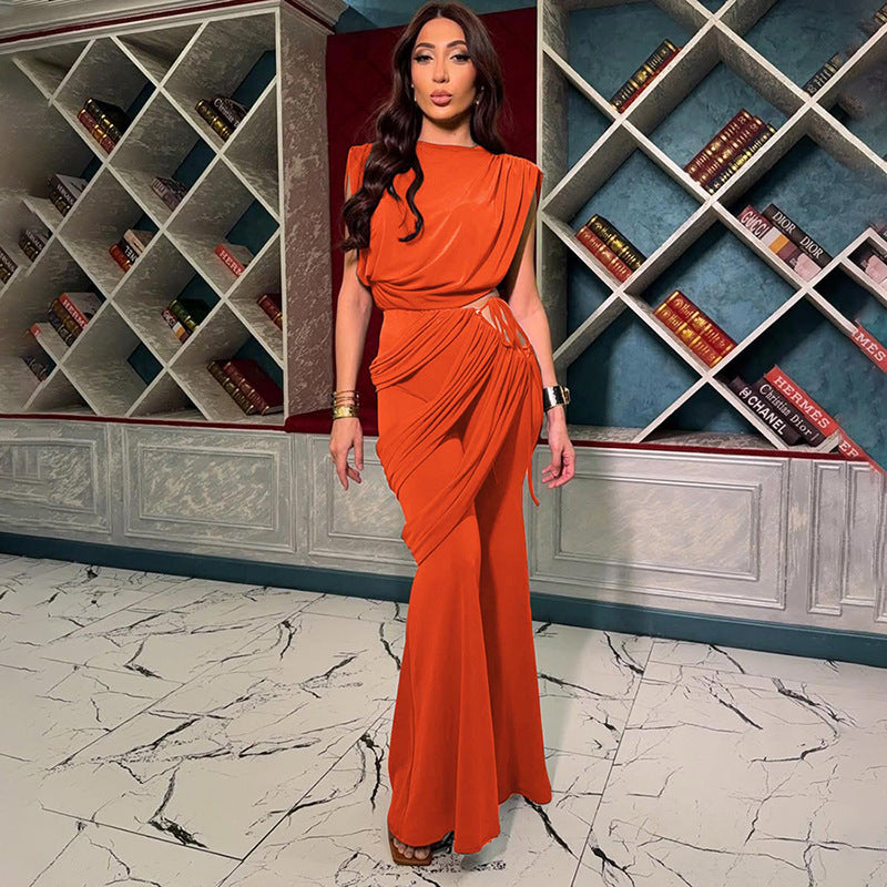 Trendy Women’s Pleated Round-Neck Tee & Asymmetric High-Waisted Trousers Set - Fall Winter Essentials