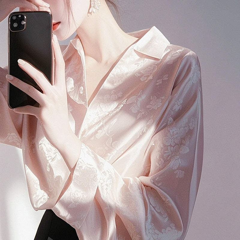 Women’s Purple Satin Jacquard Blouse - French Vintage Fall Long Sleeve Elegant Shirt