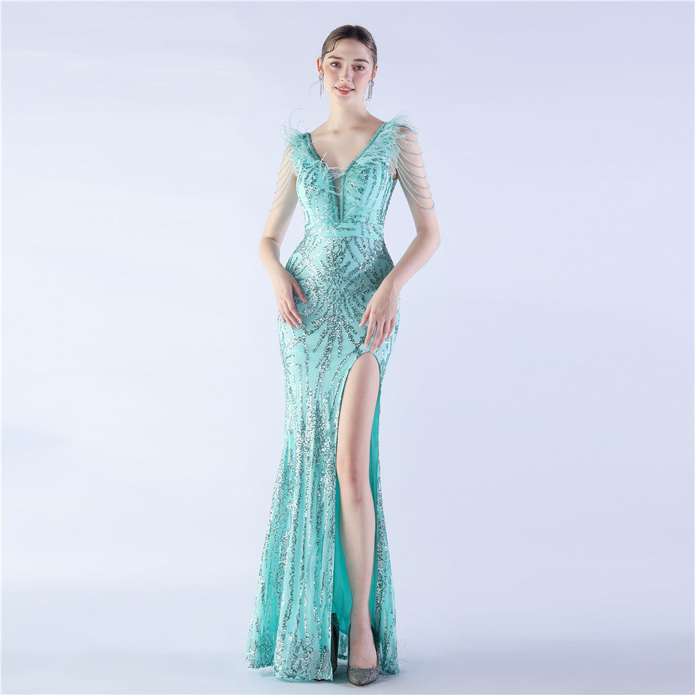 Luxe Feather & Sequin Maxi Gown | Heavy Beadwork
