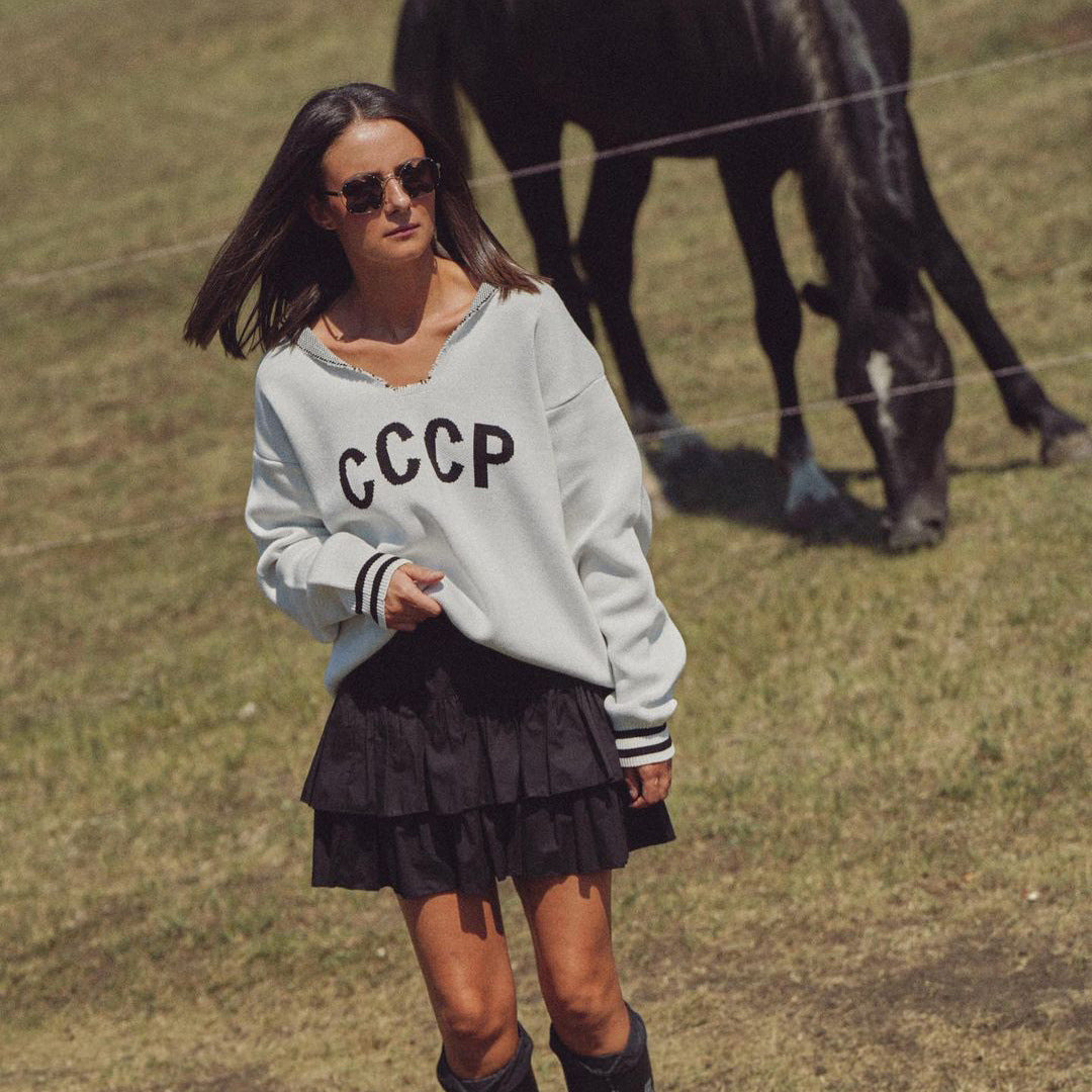 Letter Jacquard V-neck Women's Winter Casual Loose Lazy Wind Versatile Pullover Knitted Sweater