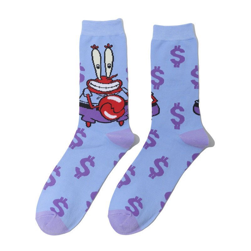 Male Personality Medium Tube Cotton Sponge Cartoon Crab Boss Female Cartoon Long Tube Animation Men's Socks-5PRS