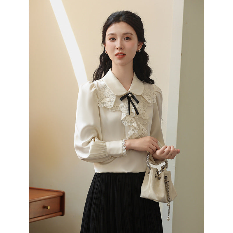 Spring New French Rich Girl Lace Embroidered Bow Doll Collar Satin Long Sleeve Shirt Women