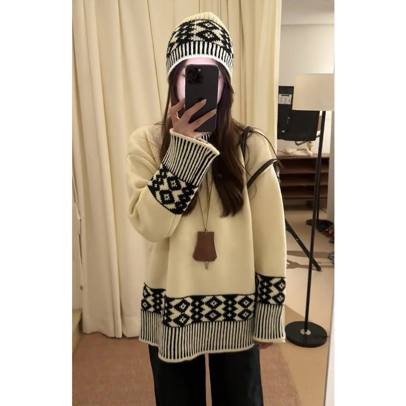 Retro Jacquard Knitted Sweater for Autumn and Winter Wear with Lazy Sweater Loose Top with Cap Set