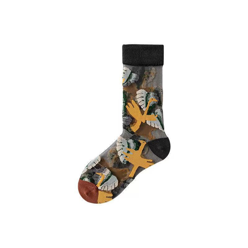 Spring and Summer Women's Socks, Thin Medium Tube Fashion Trendy Socks, European and American Style Flower Glass Stockings