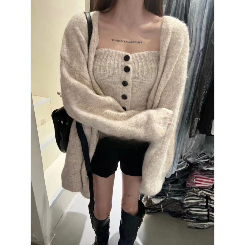 Sexy Tube Top Cardigan Women's Autumn and Winter New Gentle Soft Waxy Lazy Wind Sweater-2 PCS SET