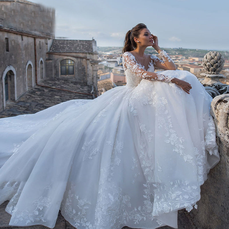 Ethereal V-Neck Wedding Gown | Vintage-Inspired Train & Long Sleeves | Fairy Mori Princess Silhouette