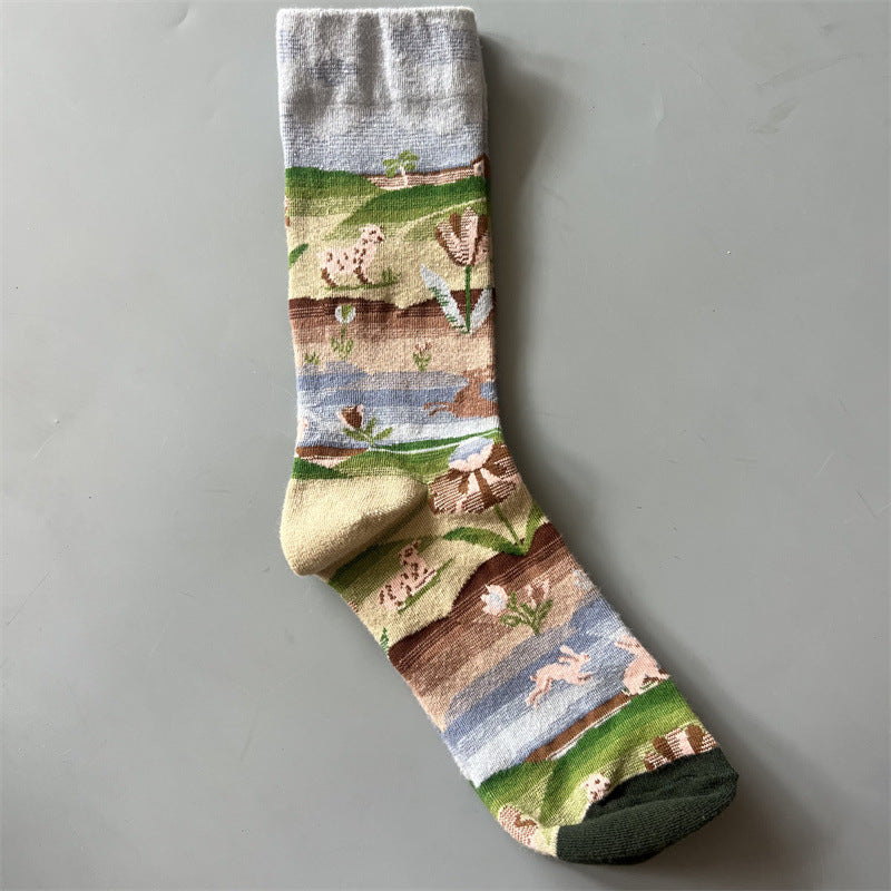 New Product Mid Calf Socks Women Oil Painting Socks Niche Fun Literary and Artistic Color Socks