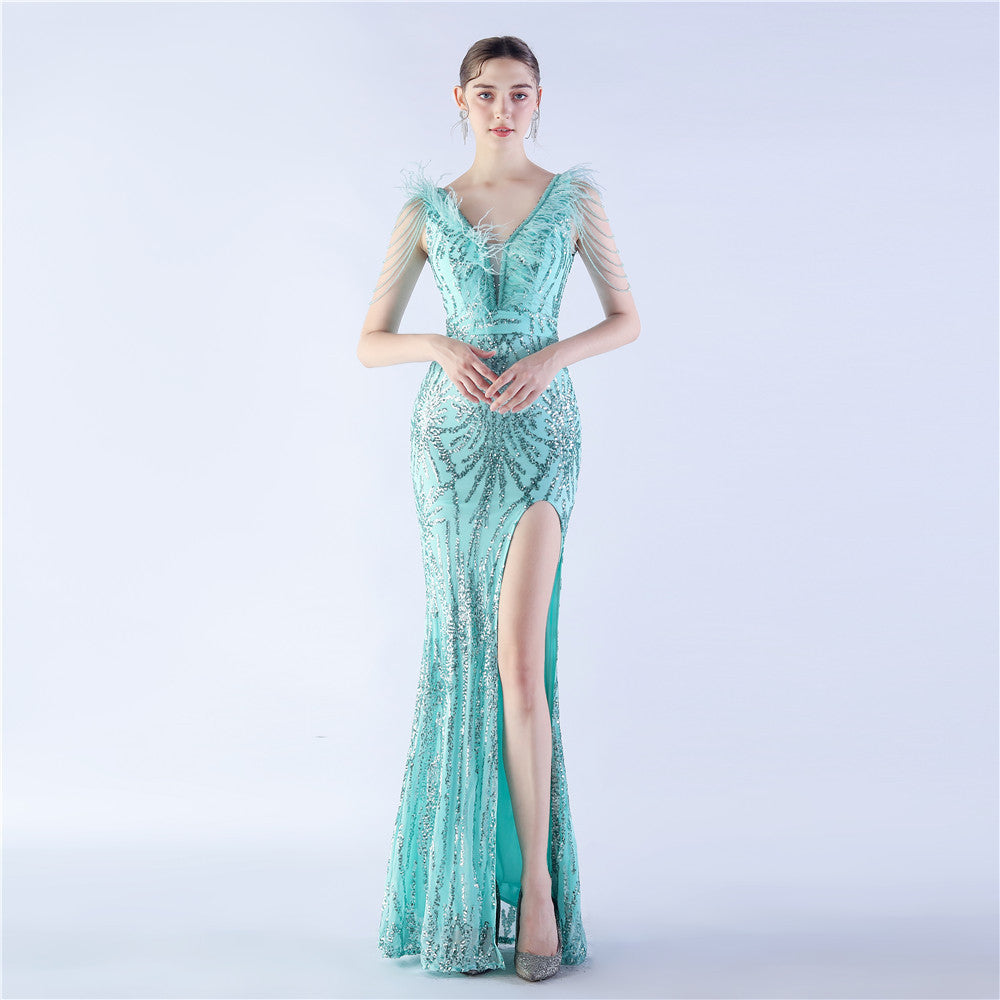 Luxe Feather & Sequin Maxi Gown | Heavy Beadwork