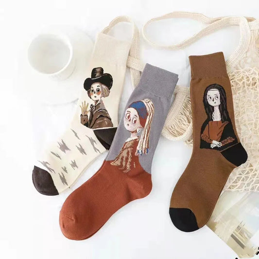 Oil Painting Style Cartoon Fashion Girl Women High Quality Soft Breathable Leisure School Girl Cool Funny Happy Sock