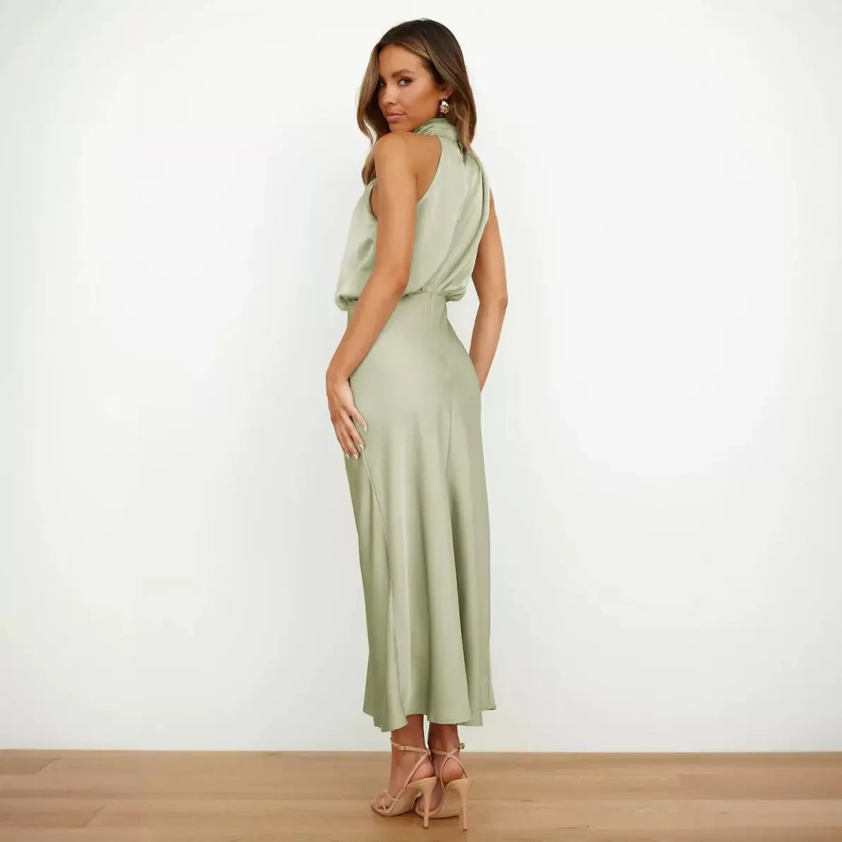 Spring and Summer New High-end Satin Sleeveless Dress Fashion Elegant Celebrity Light Evening Dress