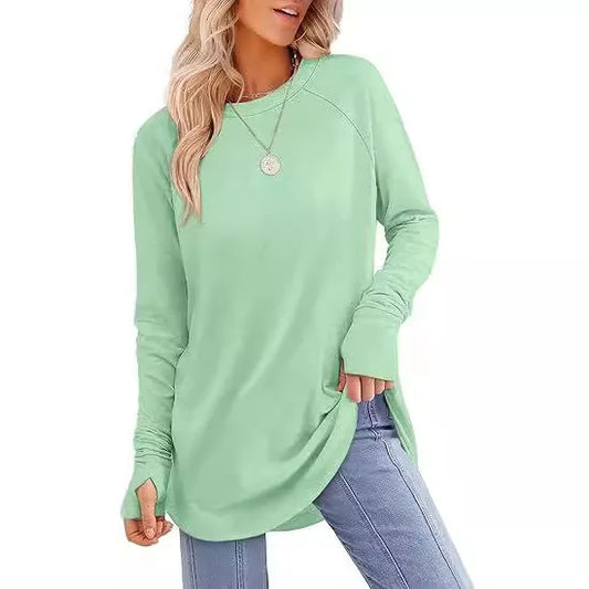 Women's Round Neck Solid Color Finger Long-sleeved Top Loose Medium and Long Bottoming Shirt