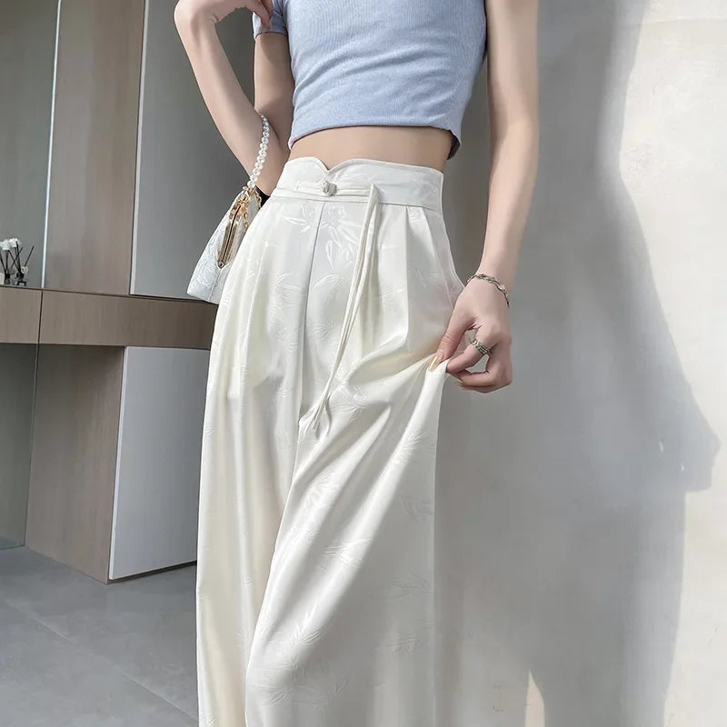 New Satin Embossed Wide-leg Pants Women's Summer Thin High-waisted Straight-leg Pant