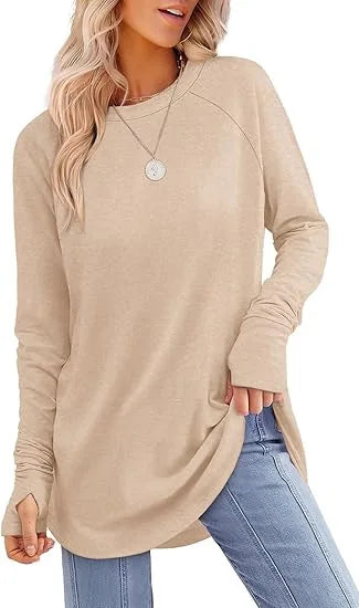 Women's Round Neck Solid Color Finger Long-sleeved Top Loose Medium and Long Bottoming Shirt