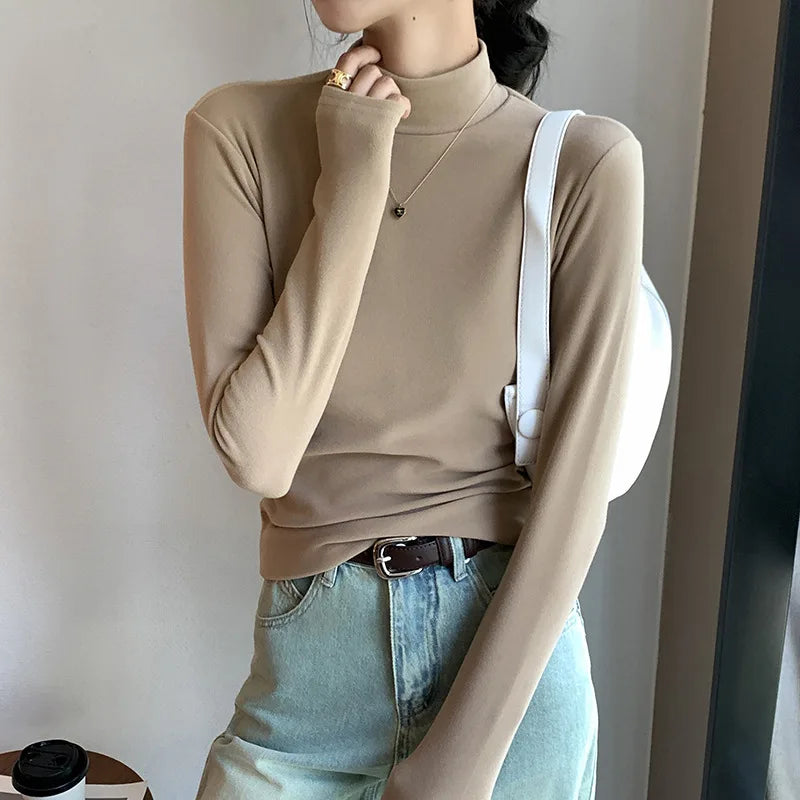 Semi-turtleneck double-sided German velvet bottoming shirt for women's spring and autumn models,thickened warm long-sleeved top